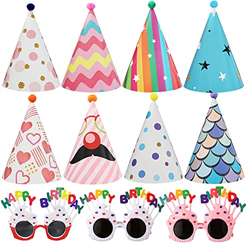 NALCY 11 Stück Partyhüte, Partyhüte Geburtstag Set, Kegel Hüte, Kuchen Papierhüte mit Pompons, Party Augenbrillen, Geeignet für Familienfeiern für Kinder und Erwachsene Cover
