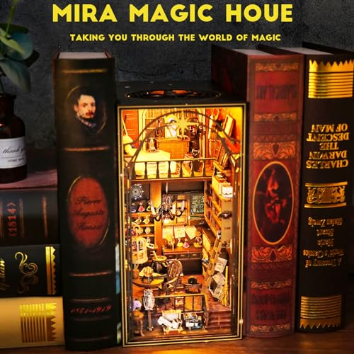 DIY Book Nook Kit, DIY Dollhouse Booknook Bookshelf Insert Decor Alley, Bookends Model Build-Creativity Kit with Music Box & LED for Teens and Adults Birthday Magic Booknook