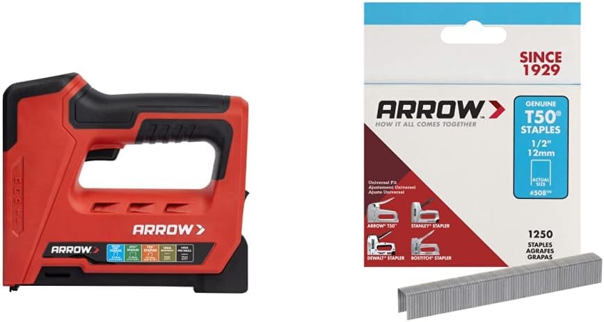 Arrow ET501C Cordless 5-in-1 Electric Staple and Nail Gun & 508 Heavy Duty T50 1/2-Inch Staples for Upholstery, Construction, Furniture, Crafts, 1250-Pack