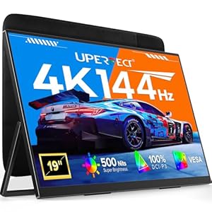 UPERFEC Monitor portátil 4K 144Hz QLED, 19″ UHD 3840×2160, 500 nits, 2000:1, 100% DCI-P3, 0.1ms, USB-C y HDMI, soporte integrado y montaje VESA, monitor de juegos de viaje para laptop, PC y consolas