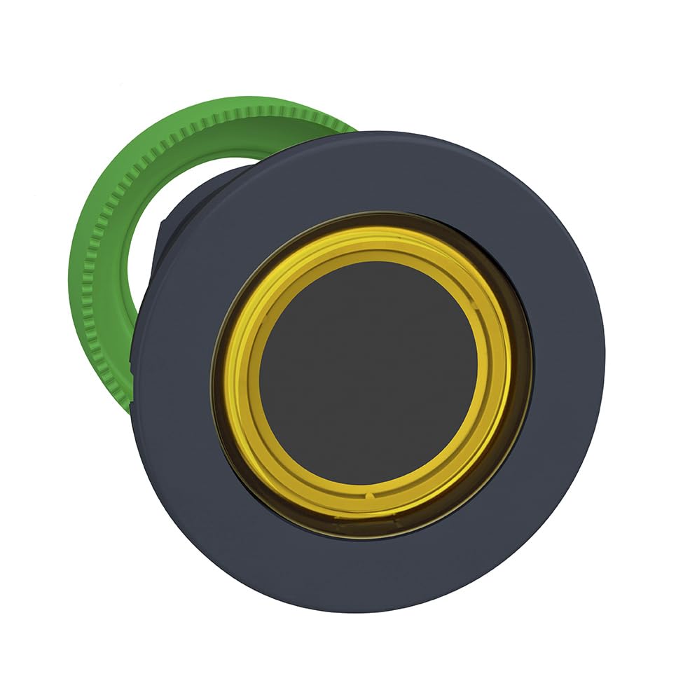 Pulsador flush amarillo iluminado con anillo LED para señalización clara en cuadros eléctricos