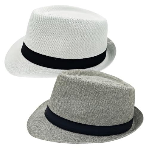 2 Pack Short Brim Fedora Classic 20s Trilby Panama Hats Summer Travel Cap for Men Women (US, Alpha, Large, X-Large, White + Light Gray)