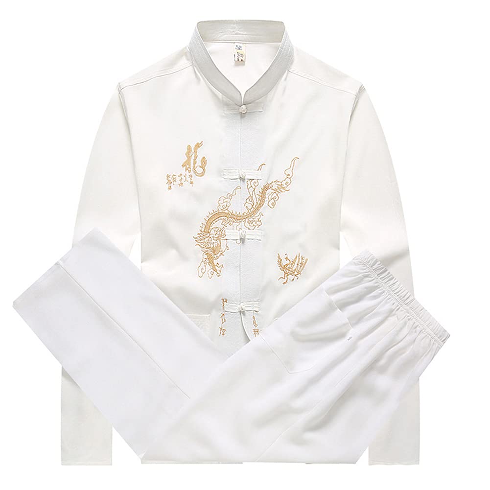 Herren Leicht Chinesische Kleidung Tradition Tai Chi Kung Fu Uniformen Tang-Anzug Tangzhuang Langarm Kampfsportbekleidung Shirts mit Drachenstickerei Tops und Hosen