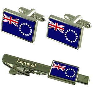 Select Gifts Cook Islands vlag manchetknopen gegraveerd stropdas clip bijpassende doos set