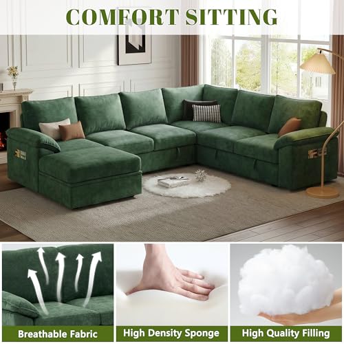 Image of 108 Inch Modular Sectional Sofa with Pull Out Bed,U Shaped 7 Seat Sectional Sleeper Sofa with Storage,Sectional Couches for Living Room,Cloud Modular Couch,Removable Sofa Cover,Green