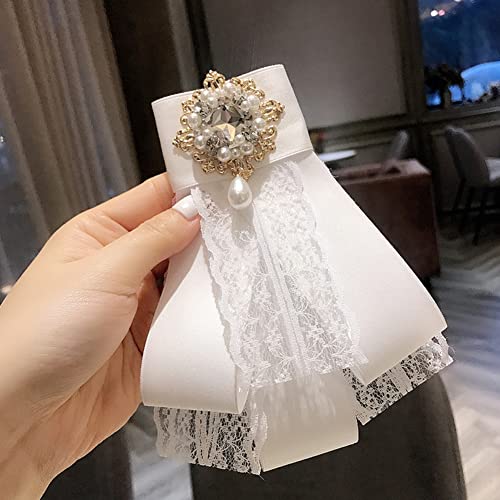 Image of Lace Ribbon Bow Tie Brooch Rhinestone Pearl Necktie for Girl Women Fashion jabot collar brooch pins Pre-Tied Corsage