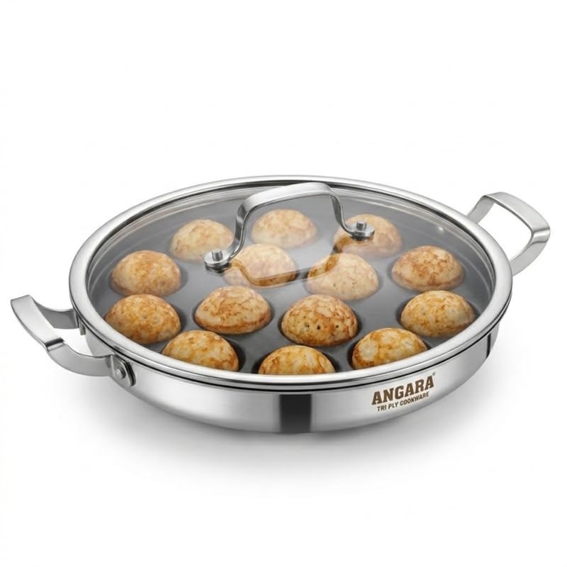 Image of ANGARA Cookware Triply Stainless Steel Appam Patra with Glass Lid (26 CM), 14 Pits Ceramic Coated Paniyaram Pan, Appe Pan, Paddu Maker, Less Oil Cooking, Induction Compatible, PFOA Free