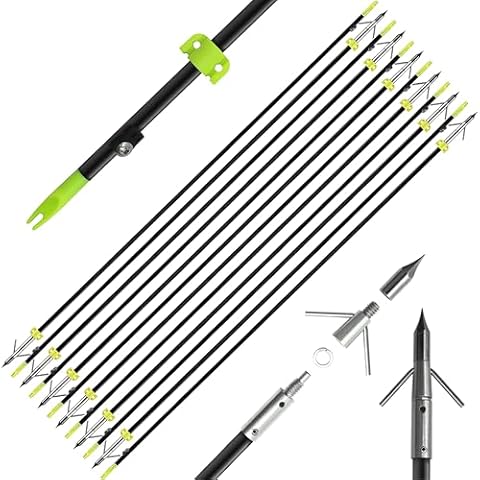 CENWTY Bowfishing Arrows 8mm Solid Fiberglass Fishing Arrow with Removeable Tips and Safety Slides for Hunting Archery Compound Bow Recurve Bow Fishing Arrow (12Pcs) Cover