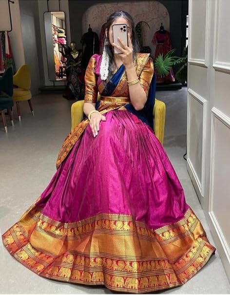 Image of RENVAANI Women's Traditional Kanjivaram Kanchipuram Silk Unstitched Lehenga Choli with Dupatta (PINK MAROON DUP NB)