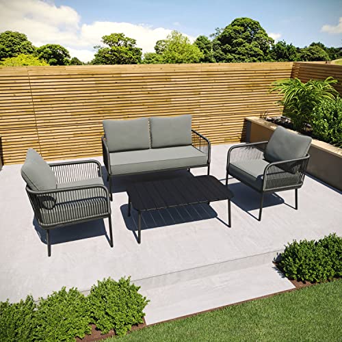 Image of DEVOKO Outdoor and Indoor 4 Seater Sofa with Center Table Wooden Top and Cushion Rope Chairs Set for Garden, Balcony (Black and Grey)