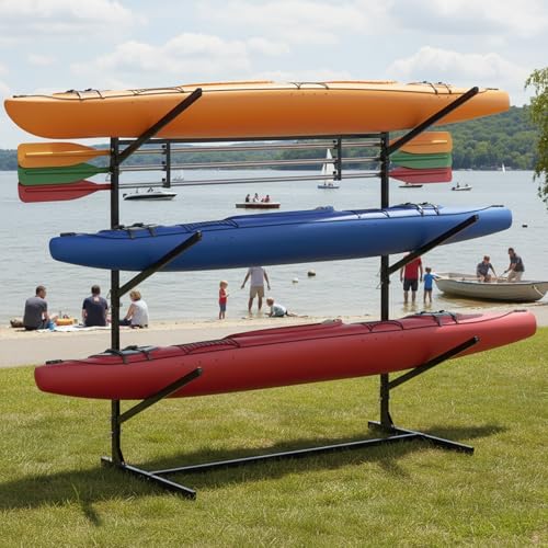 Image of LCAOPC Kayak Storage Rack, Freestanding Kayak Stand for Garage, Heavy Duty Indoor Outdoor Storage Rack for Kayaks, Canoes, Surfboard & Paddleboard, Black