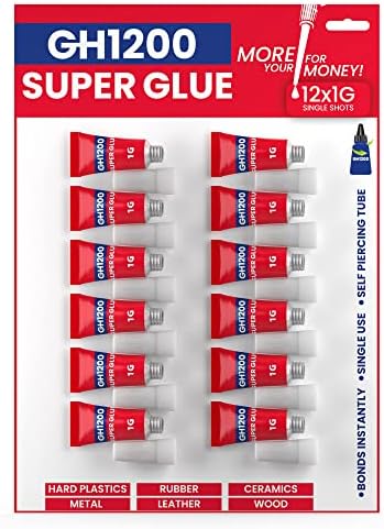 GH1200 Super Glue All Purpose 1g(12 pack) with Pin Point Nozzle. Super Fast, Thick & Strong Adhesive Superglue General Strong for Hard Plastic, DIY Craft, Rubber, Metal, Leather and Many More