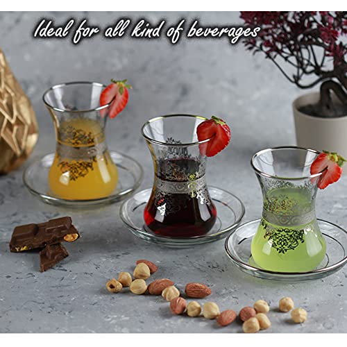 Vintage Turkish Tea Glasses Cups Set Of 6 And Saucers With Arabic Moroccan Decorative Silver For Kettle Teapot Mugs Teacups Serving Fancy Coffee Drinking Tray Women Adults Party Gift Style Floral #TOP3