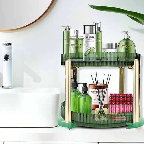 360°Rotating Makeup Organizer for Vanity, High-Capacity Skincare Clear Make Up Storage Perfume Organizers Cosmetic Dresser（2 Tier-Green）