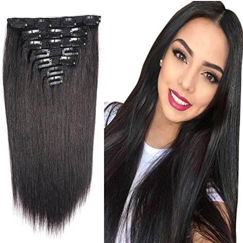 Clip in Human Hair Extensions Full Head 110g 10 Pieces 22 Clips 1# Jet Black Double Weft Brazilian Real Remy Hair Extensions Thick Straight Silky (18" 90g, Jet Black)