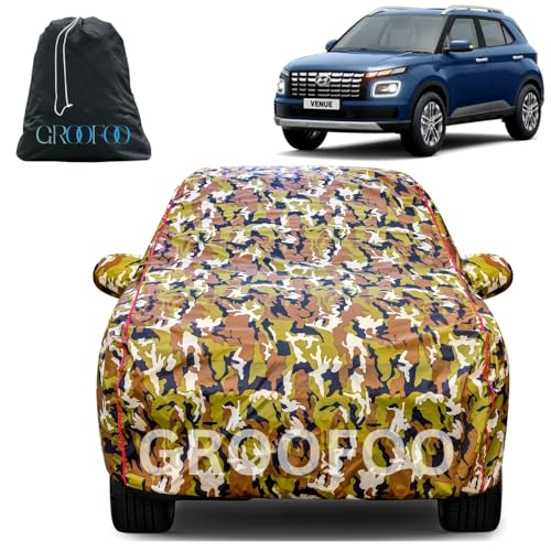 Image of GROOFOO Waterproof Car Body Cover with Mirror Pockets Compatible with Hyundai Venue | Triple Stitch Blue Piping Car Cover UV & Dust Proof All-Weather Protection, Adjustable Buckle (Army and Red)