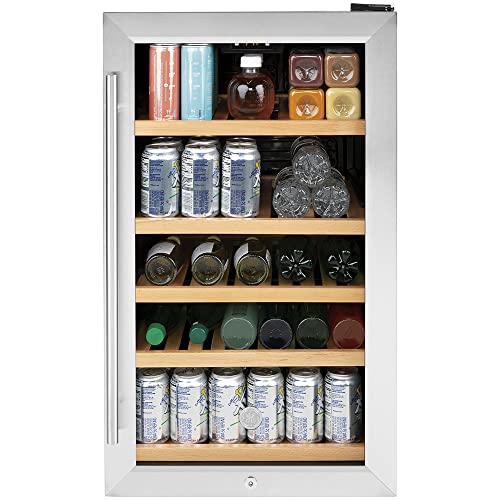 Image of GE Wine Cooler & Beverage Refrigerator | Mini Fridge With Lock & Key Included | Complete With Oak Shelving, Glass Exterior & Warm Interior Lighting | Fits 109 Cans or 31 Wine Bottles | Stainless Steel