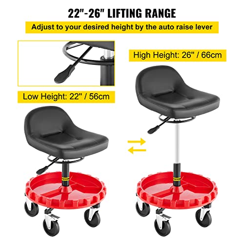 Vevor Shop Stool, 300 Lbs Rolling Garage Stool, 22” To 26” Adjustable Height Mobile Rolling Gear Seat, Round Tray Garage Pneumatic Stool, All-Terrain 5" Casters With Two Brakes Mechanic Seat #TOP2