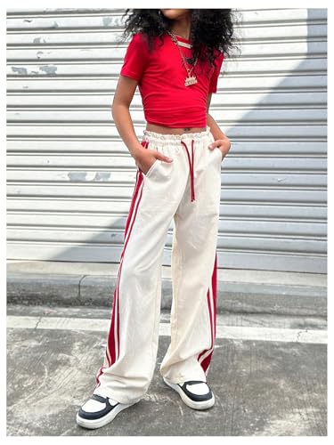 MakeMeChic Girl's Wide Leg Drawstring Track Pants Striped High Rise Athletic Sweatpants4