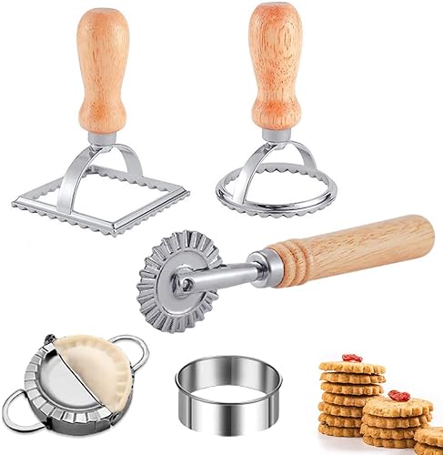 Pierogi - Juego de 5 ruedas para cortar pasta, cortador de ravioles con rueda de rodillo, juego de cortador de ravioles con mango de madera, rueda