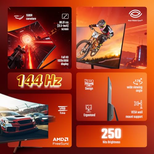 Image of Acer Nitro ED320Q P0 31.5 Inch Curved Gaming Monitor | Full HD 1920x1080 Resolution | 144Hz Refresh | 1ms VRB | AMD FreeSync | 1500R Curved Screen | ZeroFrame Display Widget | VisionCare | HDMI