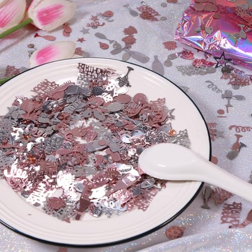 Image of Rose Gold and Silver Happy Birthday Confetti, 3000 Pcs Birthday Cake Table Metallic Foil Confetti Party Table Decor for Party, Baby Shower, DIY Arts and Crafting