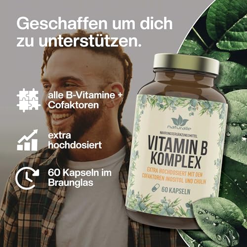 naturalie® - Vitamin B Komplex Kapseln | hochdosiert mit allen bioaktiven B-Vitaminen + Cofaktoren (Cholin, Inositol) | schadstoffgeprüft | ohne unnötige Zusatzstoffe | 60 Kapseln im Braunglas