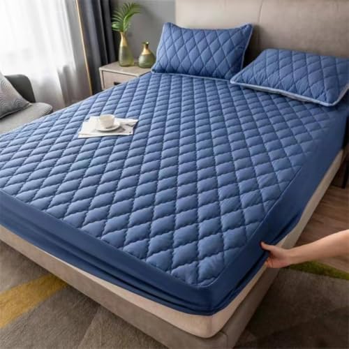 Hoisy Set de 3 Piezas Sábana Bajera Elastica de Poliéster Algodón, Color Sólido con Patrón de Rombo, 180 x 200 CM + 2 Fundas de Almohada, Sábanas Bajera Azul Marino