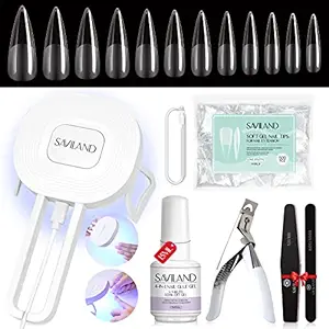 SAVILAND Gel Nail Kit with Curing Lamp: 500 pcs Stiletto Nail Tips 4 In 1 Glue Gels with Medium Stiletto Gel Nails Tip and Curing Lamp Acrylic Nails Art DIY Manicure Home Salon Gift