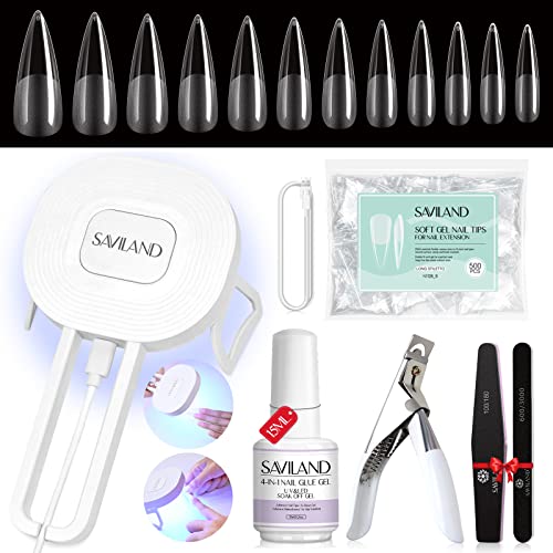 SAVILAND Gel Nail Kit with Curing Lamp: 500 pcs Stiletto Nail Tips 4 In 1 Glue Gels with Medium Stiletto Gel Nails Tip and Curing Lamp Acrylic Nails Art DIY Manicure Home Salon Gift