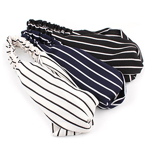 HaloVa Headbands, Elastic Cross Head Wrap Hair Bands Headwear Turban Hair Accessories for Women and Girl, Chiffon Stripe, Fashion, White, Blue, Black