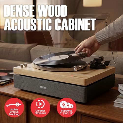 Image of AudioSource Vinyl Record Player, 120W All-in-one Turntable with 2.1 Channel Built-in Speaker, Bluetooth 5.4, Built-in Subwoofer, High Fidelity 2-Speed Belt Drive, Patented Isolation System, Natural
