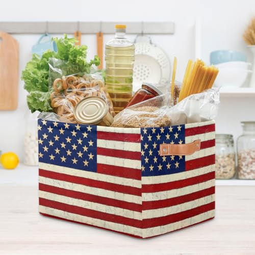 Image of Usa Flag Storage Baskets for Organizing, Fabric Collapsible Storage Bins Box Vintage American Flag Decorative Toy Organizer Baskets for Closet Shelves Gift Basket 2Pcs