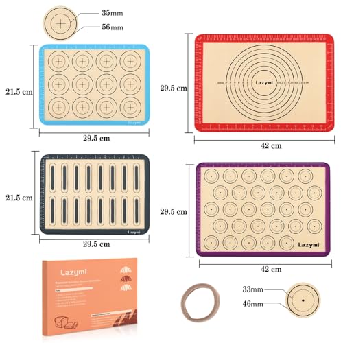 Foto von Lazymi 4 Stück Antihafte Backmatte Silikon mit Messung für Macaron/Kuchen/Brot/Pizza Matte. Backunterlage, Silikonmatte, Backpapier, Backfolie, Ausrollmatte, Teigmatte, Tischset, BPA Frei
