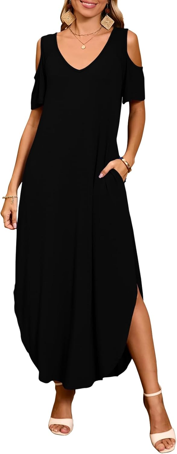JollieLovin Womens Plus Size Casual Summer Maxi Long Dress Cold Shoulder V Neck Beach Sundresses