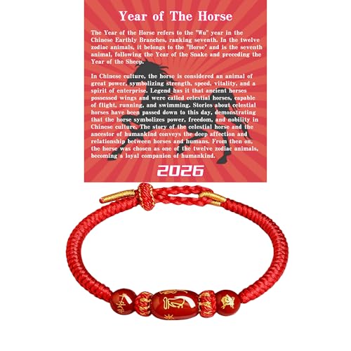 New Year of Horse Rope Beaded Bracelets Luxurious 2026 Chinese Spring Festival With Gift Card Box Chinese Zodiac Animal Origin Adjustable String Charm Good Luck Handwoven Braided Corded Jewelry Gifts for Women Men (Red Horse)