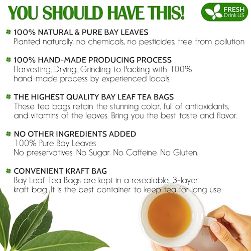 Image of FreshDrinkUS, Premium 40 Bay Leaf Tea Bags, 100% Natural & Pure from Bay Leaves. Loose Leaf Bay Herbal Tea. Made with Natural Material Tea Bags, No Sugar, No Caffeine, No Gluten, Vegan.