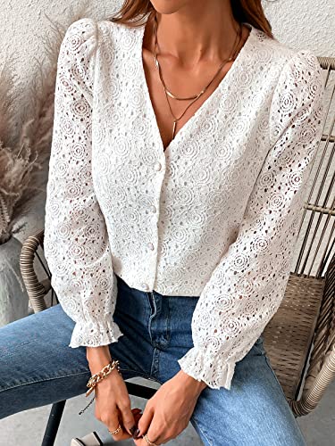 Cupshe Women's Embroidered Button-Front Peasant Sleeve Tops Casual Solid Ruffled Cuffs Autumn Blouse,L White #TOP3