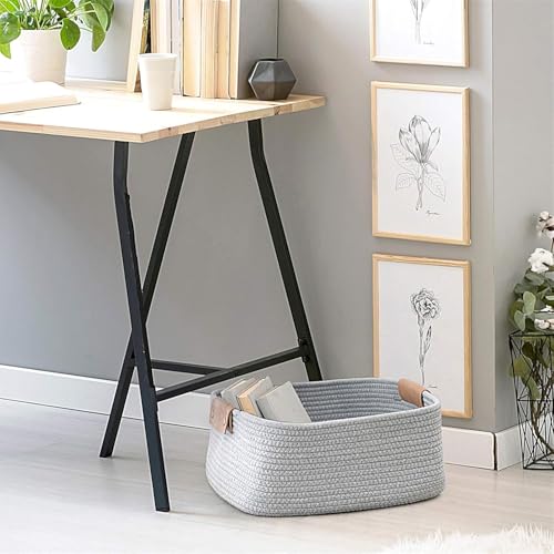 Image of ☆LBY Rectangle Cotton Rope Woven Basket with Handles for Books, Magazines, Toys - Ideal Gift Decorative Basket for Baby Nursery, Living Room (grey, large 14.5 x 13 x 6 inch)