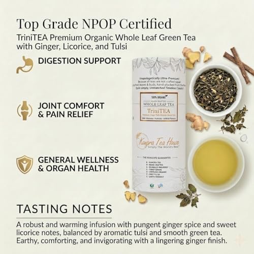 Image of Kangra Tea House Organically Grown Ginger Mulethi Green Tea for Joint Pains, Helps in Arthritis|Cough & Cold Relief (20g= 20 - 30 cups) - Richest Source of Antioxidants - TriniTEA 20g