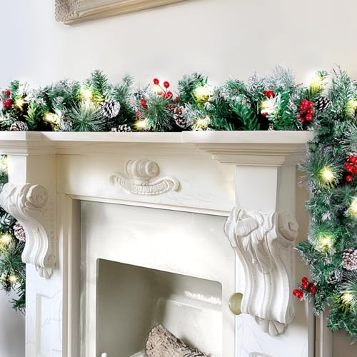 9FT Christmas Garland with Lights, Timer Artificial Lighted Garla...