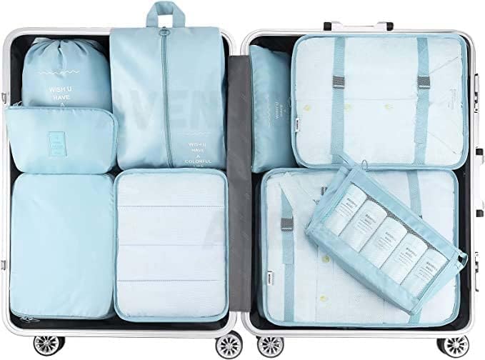 Image of AVENUX Packing Cubes Travel Organiser Set, Blue, Polyester, with Shoe Bag, Drawstring Bag and Zippered Bag, 7 Piece