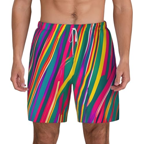 Rainbow Lines Print Mens Swim Shorts Trunks Inseam Compression Liner Quick Dry Zipper Pocket
