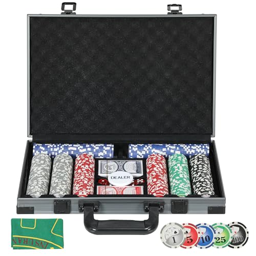 SPORTNOW Mallette de Poker Coffret de Poker Complet 400 Jetons, Boîtier en ABS, Cartes à Jouer, dés, Dealer, Tapis, pour Jeux Blackjack et Texas Holdem