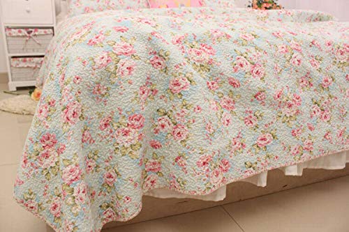 Kolachic 3 Pcs Shabby Chic Country Cottage Floral Bedspread Quilt Coverlet Patchwork 100% Cotton Light Blue Queen Size #TOP5