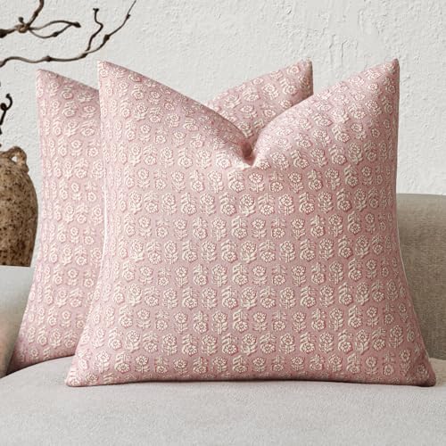 Image of Foindtower Set of 2 Decorative Neutral Floral Print Throw Pillow Covers Vintage Accent Farmhouse Cushion Covers Boho Home Decor for Sofa Couch Chair Bedroom Living Room Outdoor,22x22 Inch,Light Pink