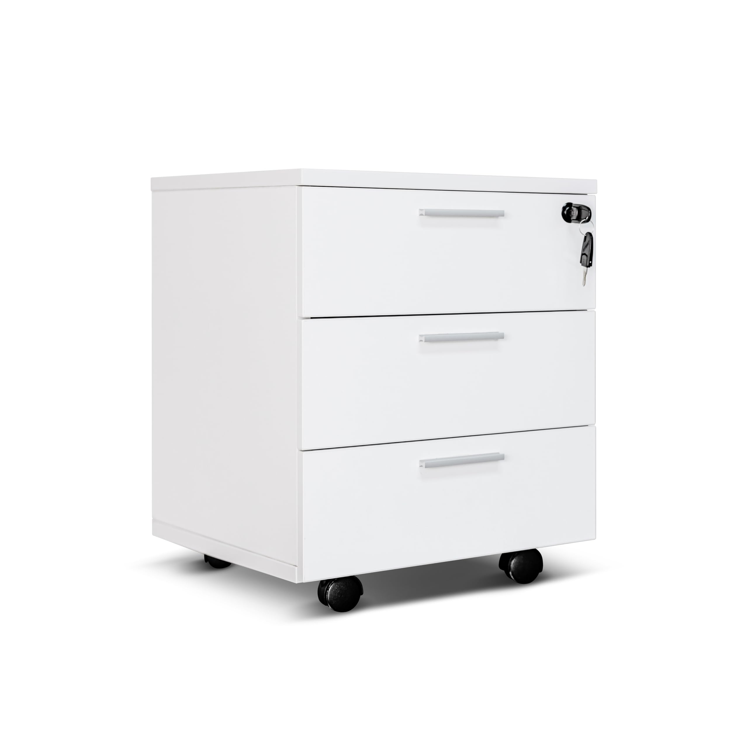 Cassettiera da Ufficio con Rotelle, Mobile con Tre Ampi Cassetti - Già Montata, Elegante e Pratica Soluzione per Organizzare Documenti e Accessori nel Tuo Spazio di Lavoro (Bianco)