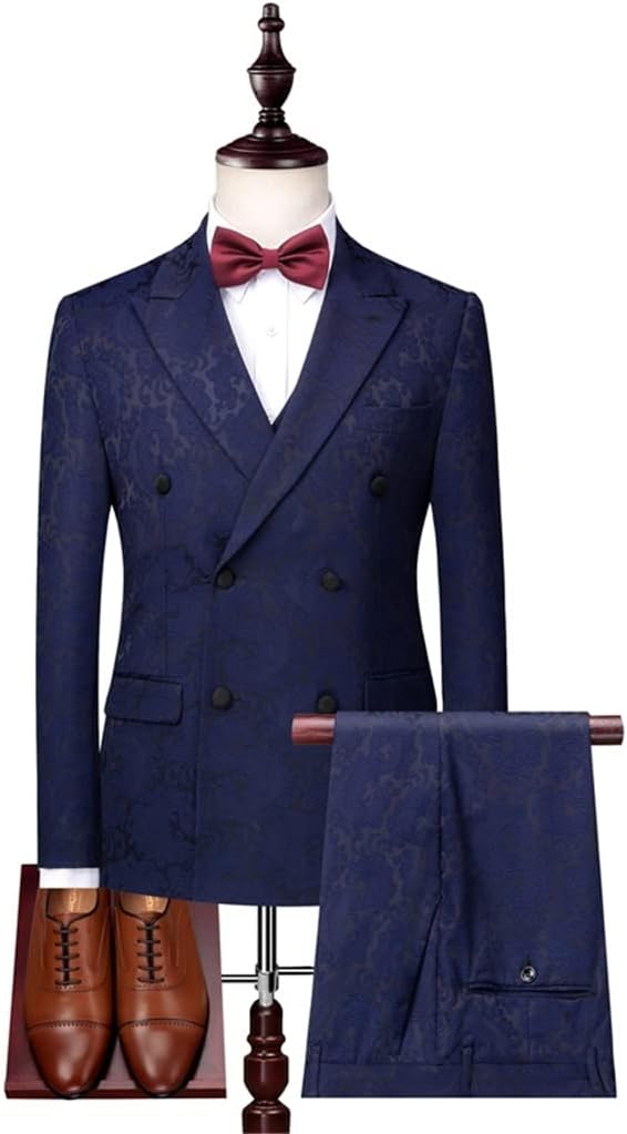 3piece Double-Breasted Suit Men Men's Suit Suit Tuxedo Flower Print Men's Suit Prom Stage Costume(M Code)