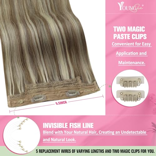 Image of YoungSee Wire Hair Extensions Highlight Invisible Wire Hair Extensions Real Human Hair Highlights Light Brown with Platinum Blonde Fish Line Hair Extension for Short Hair 75G 12Inch