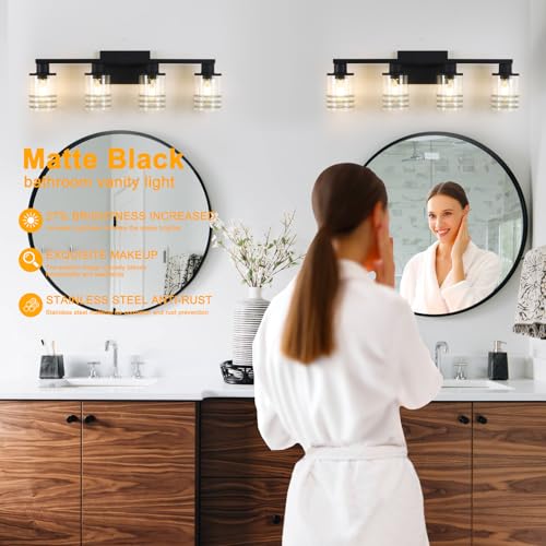 Image of YYT 4 Light Bathroom Light Fixtures Black Vanity Lights for Bathroom Vanity Light Matte Black 4 Light with Clear Glass Shades